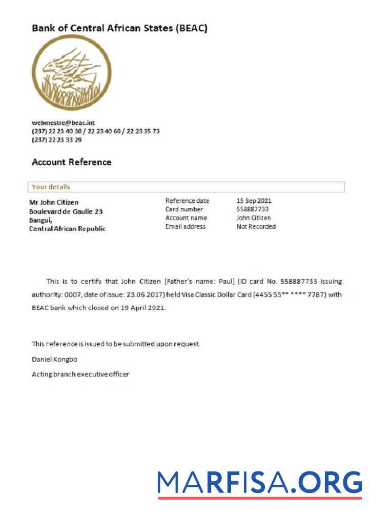 Blank Central African Republic Bank of Central African States closure reference sample